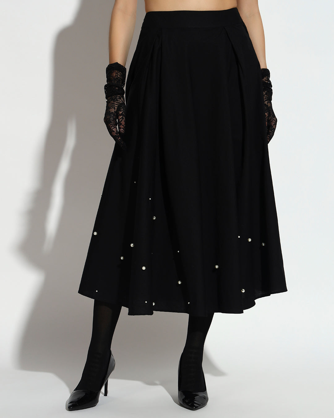Black Pearl-Embellished Midi Dress with Embroidered Vest