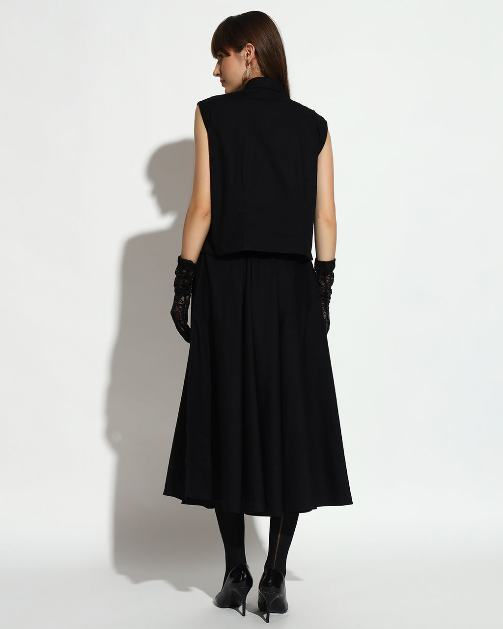 Black Pearl-Embellished Midi Dress with Embroidered Vest