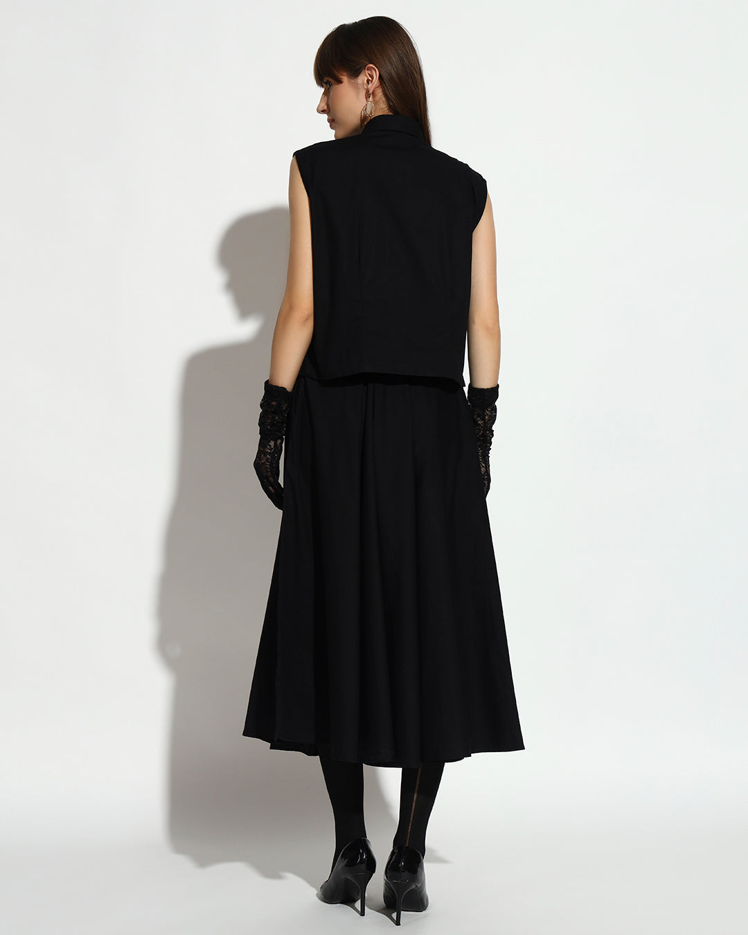 Black Pearl-Embellished Midi Dress with Embroidered Vest