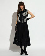Black Pearl-Embellished Midi Dress with Embroidered Vest