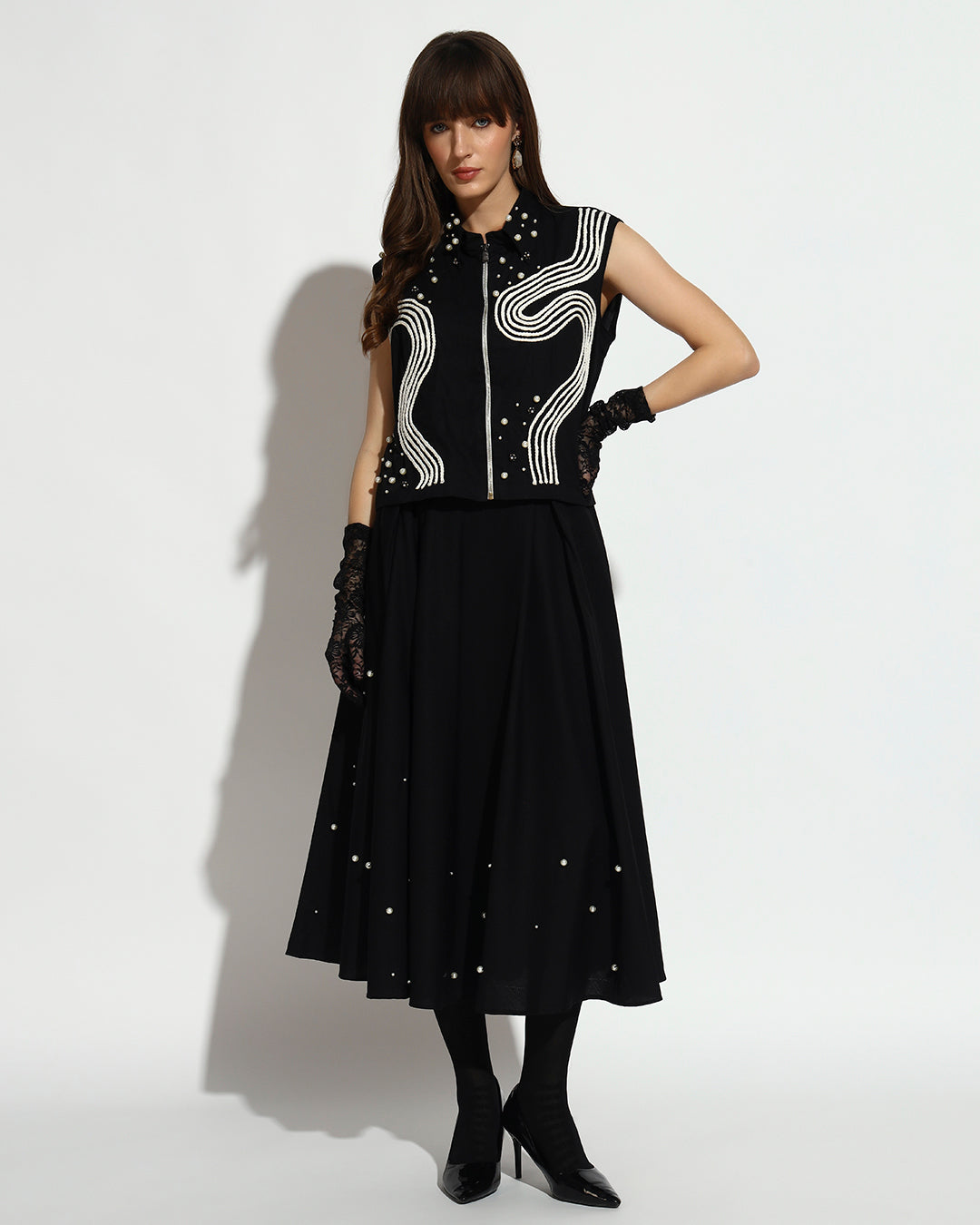 Black Pearl-Embellished Midi Dress with Embroidered Vest