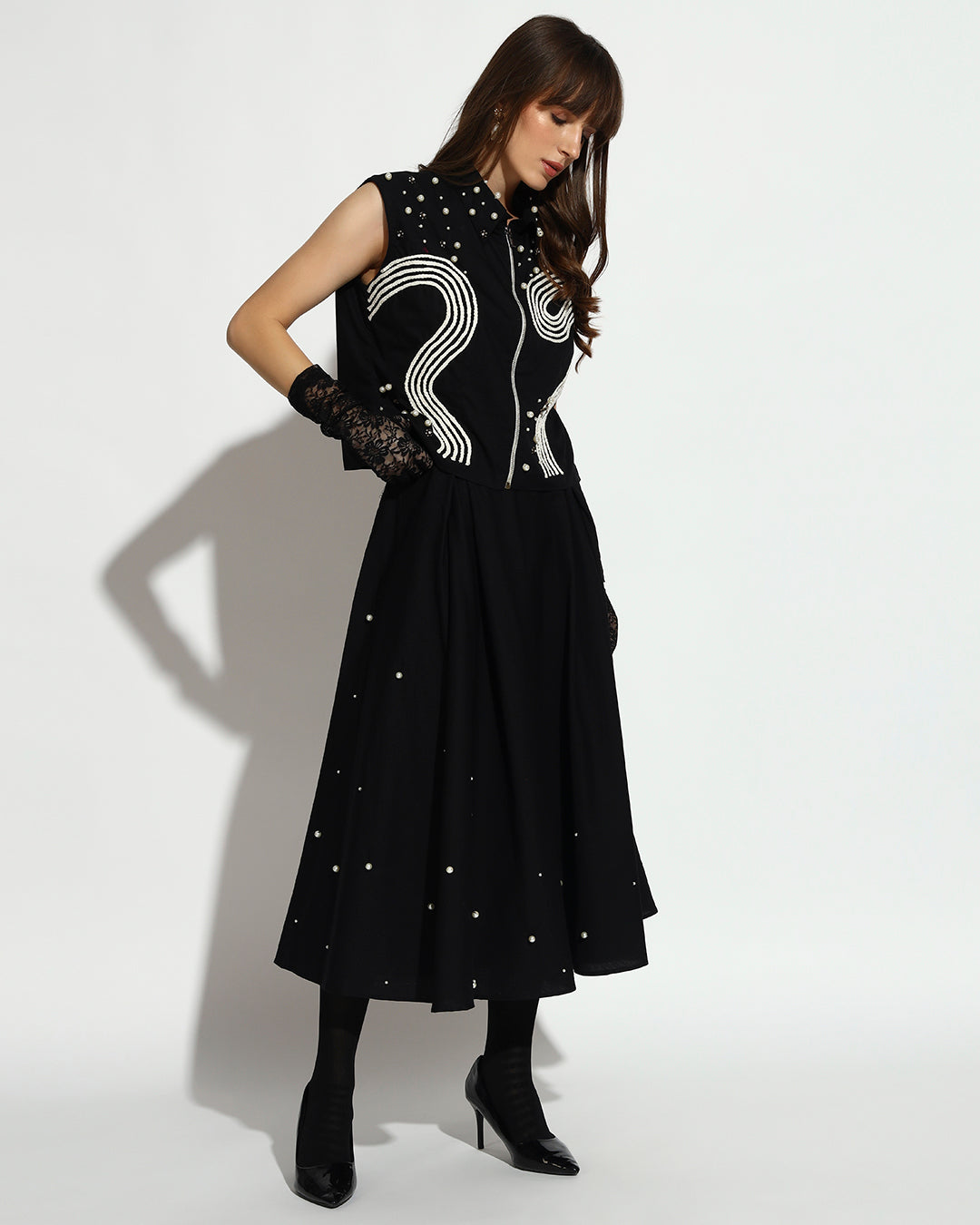Black Pearl-Embellished Midi Dress with Embroidered Vest