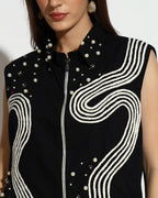 Black Pearl-Embellished Midi Dress with Embroidered Vest