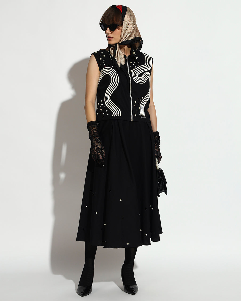 Black Pearl-Embellished Midi Dress with Embroidered Vest