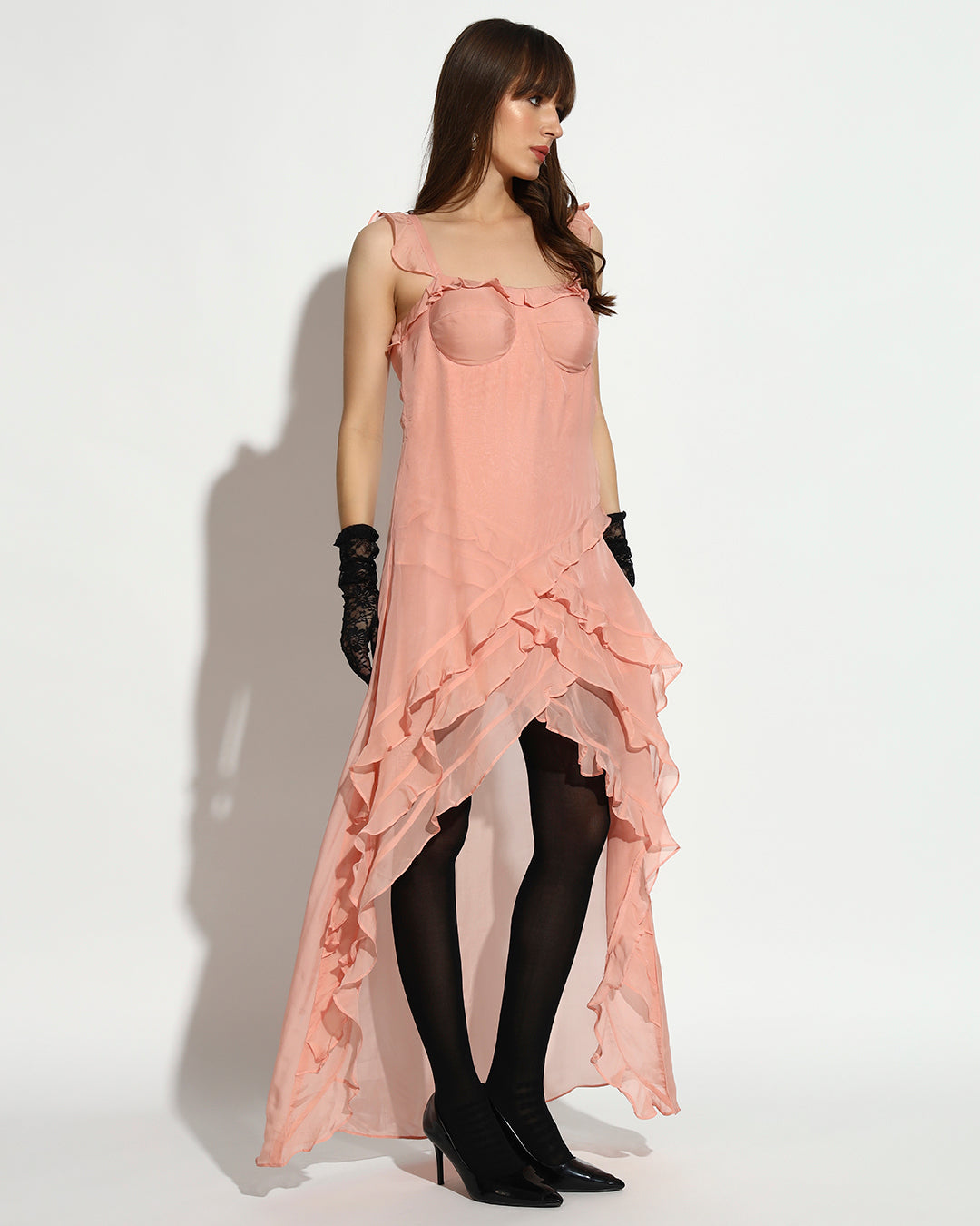 Blush Cascade Ruffle High-Low Dress