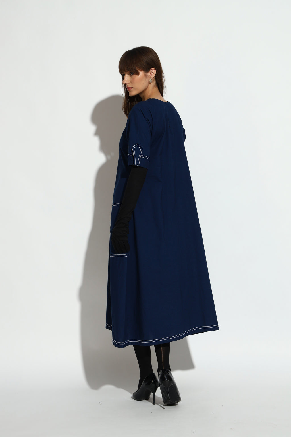 Navy Blue A-Line Midi Dress with Contrast Stitch Detailing