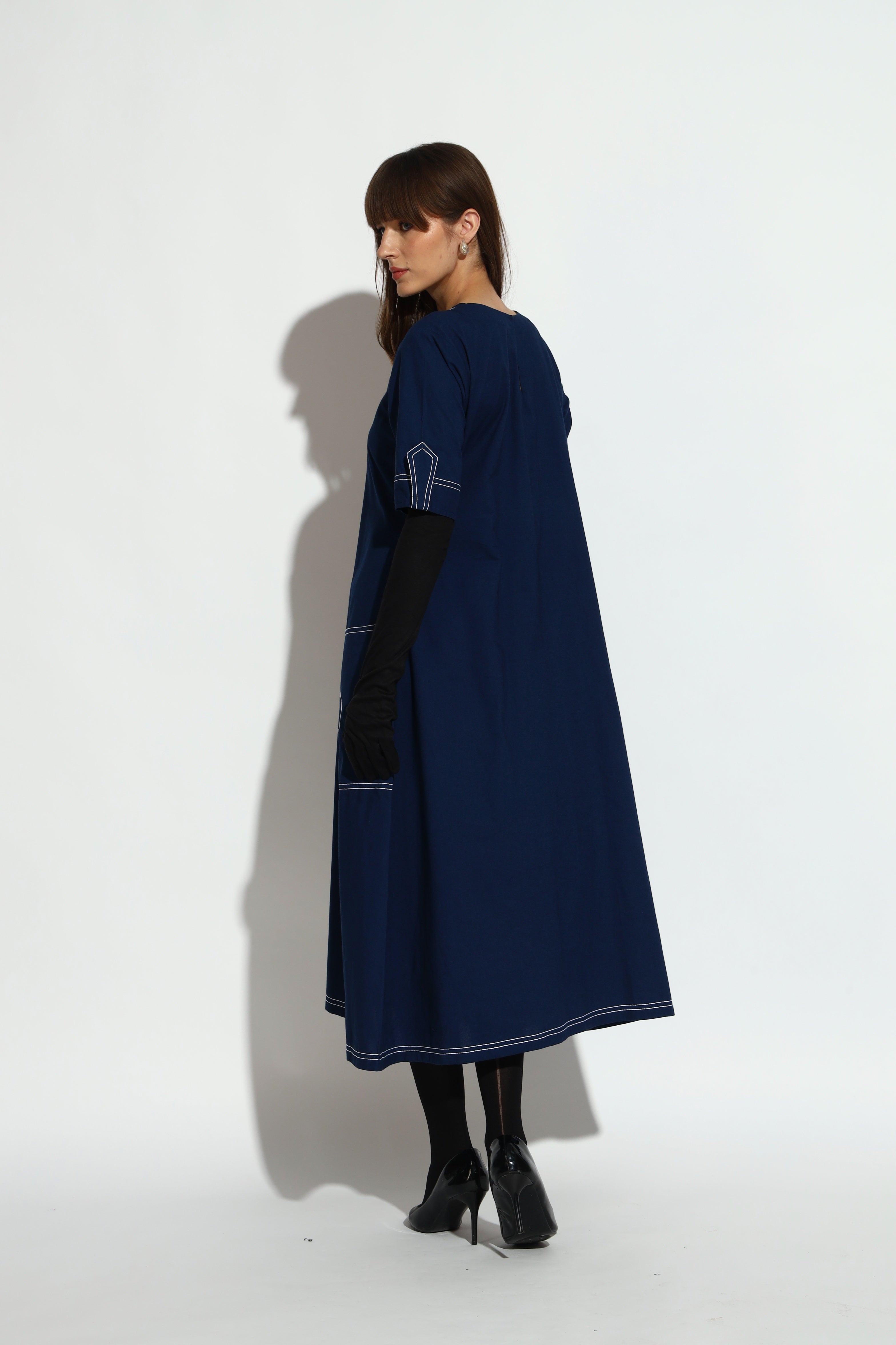 Navy Blue A-Line Midi Dress with Contrast Stitch Detailing