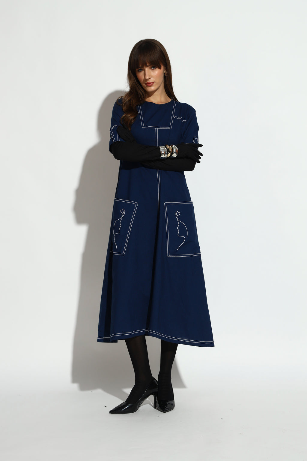 Navy Blue A-Line Midi Dress with Contrast Stitch Detailing