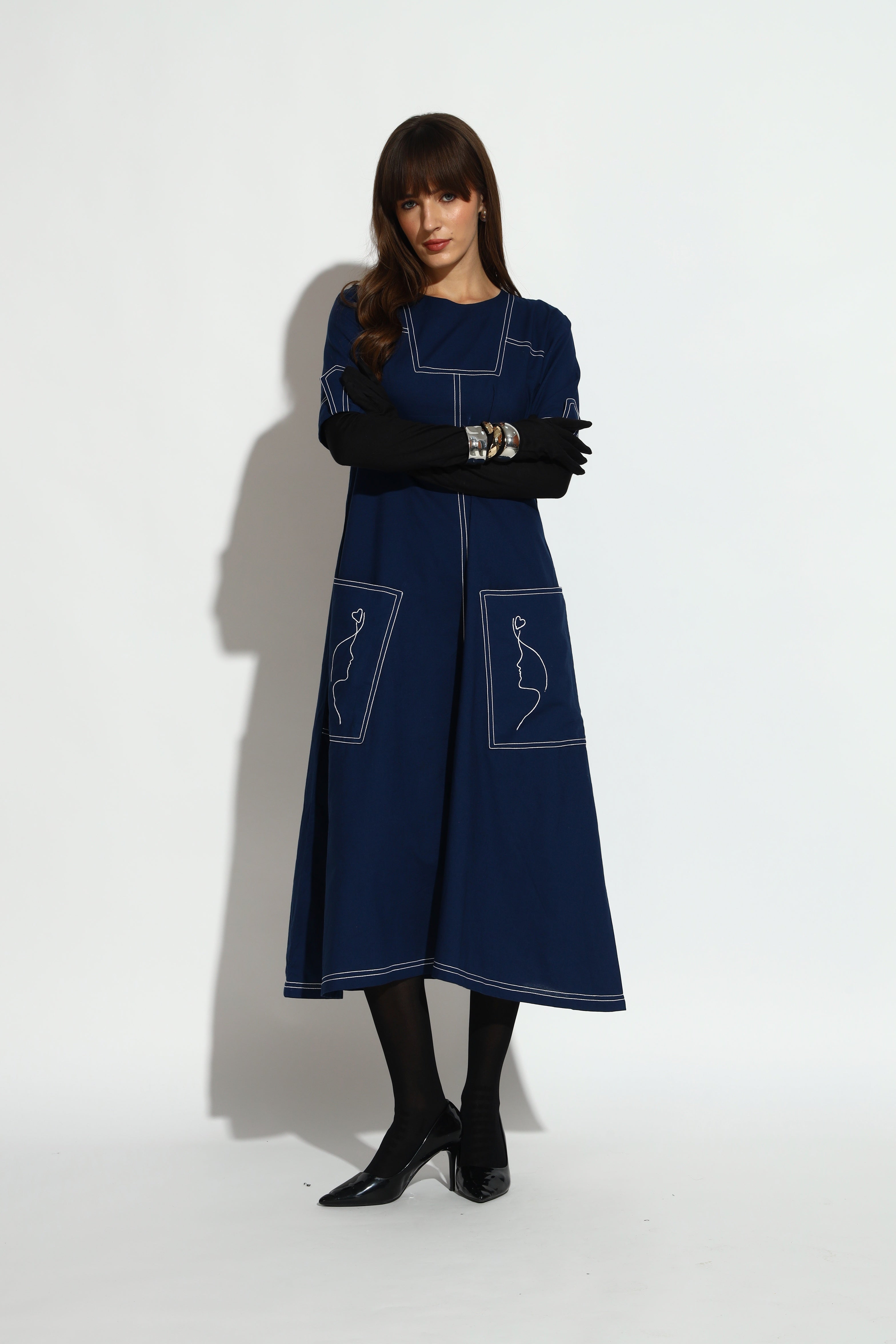 Navy Blue A-Line Midi Dress with Contrast Stitch Detailing