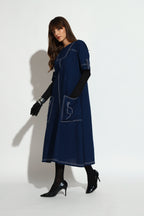 Navy Blue A-Line Midi Dress with Contrast Stitch Detailing