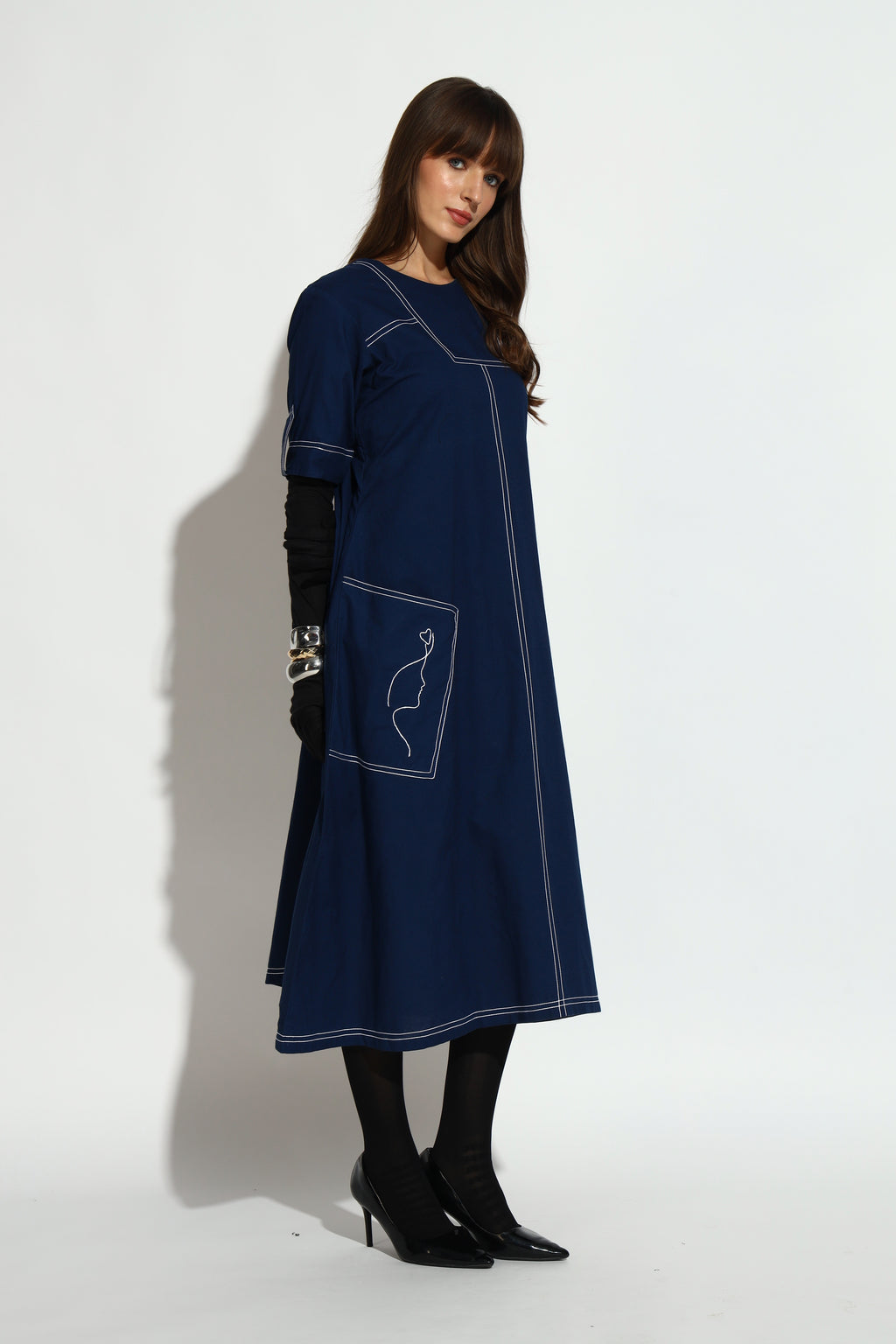Navy Blue A-Line Midi Dress with Contrast Stitch Detailing