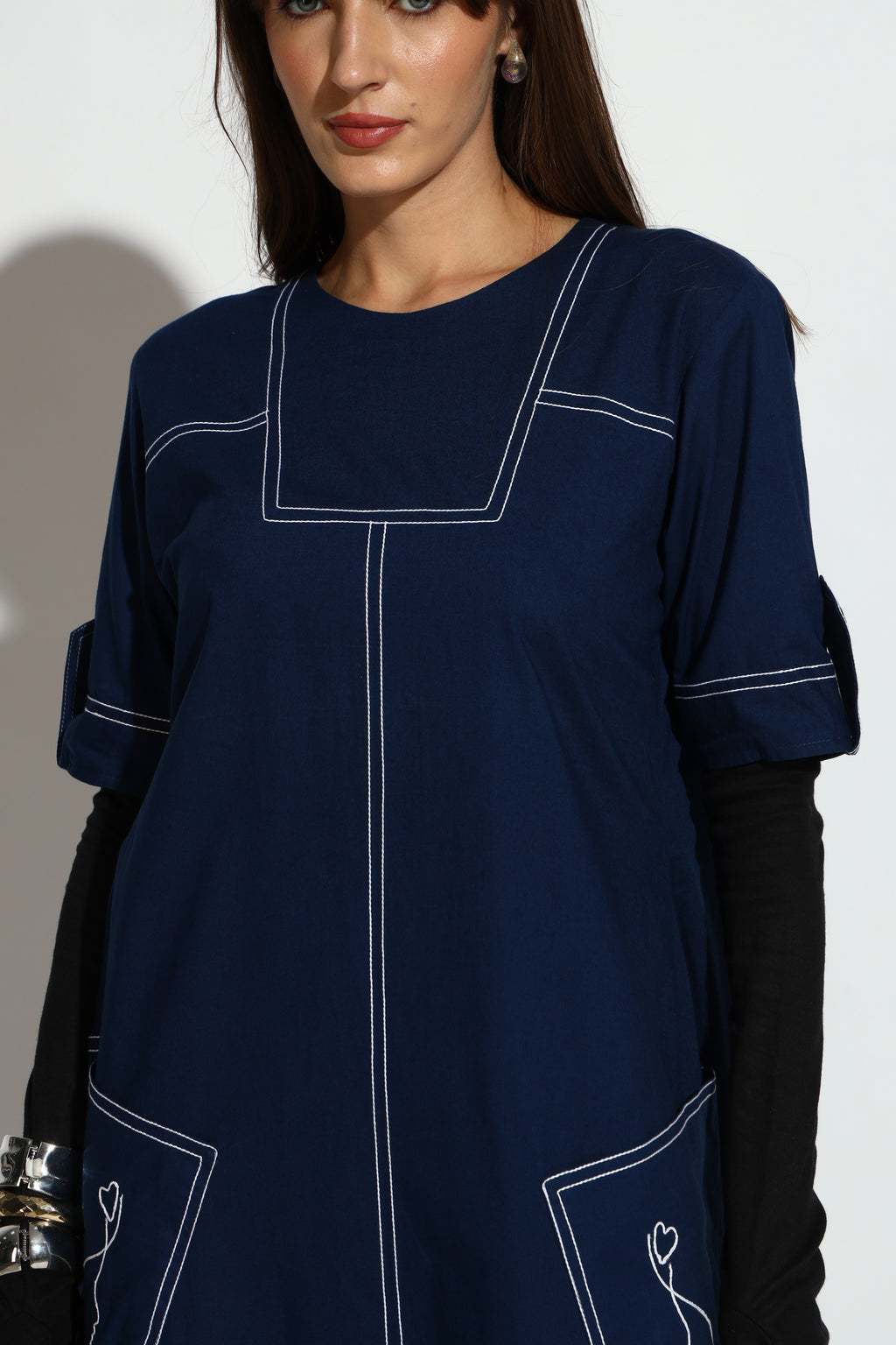 Navy Blue A-Line Midi Dress with Contrast Stitch Detailing