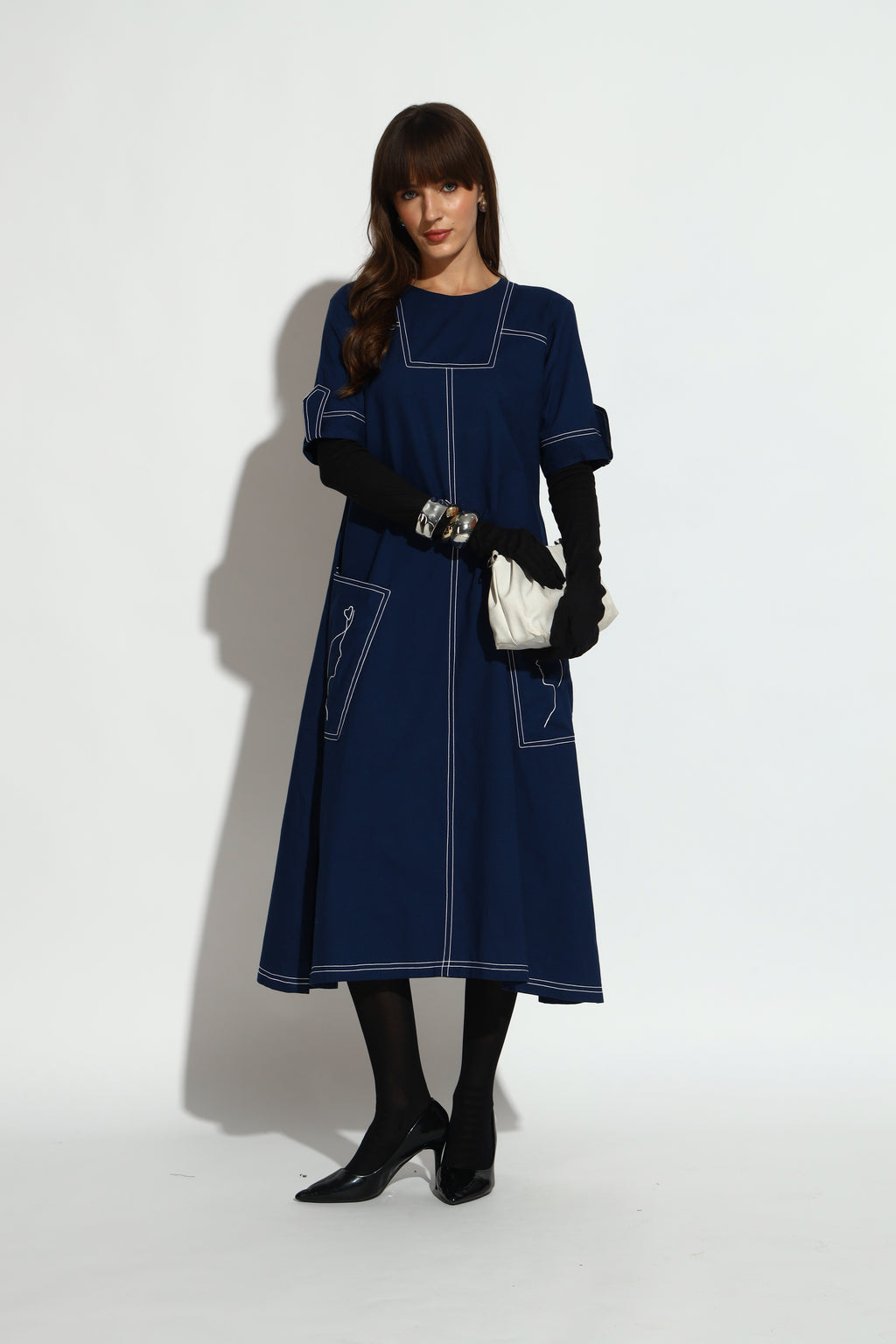 Navy Blue A-Line Midi Dress with Contrast Stitch Detailing