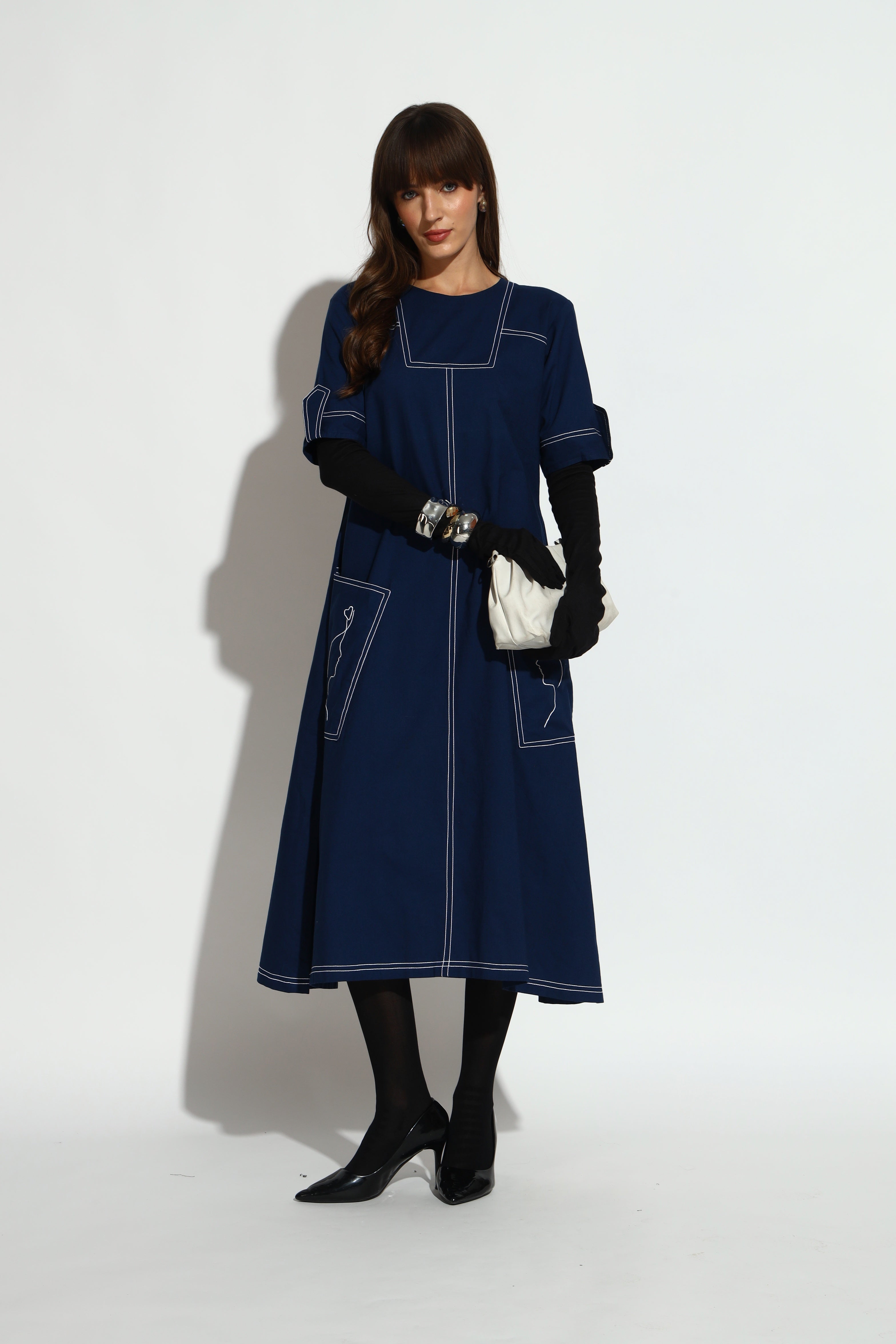 Navy Blue A-Line Midi Dress with Contrast Stitch Detailing