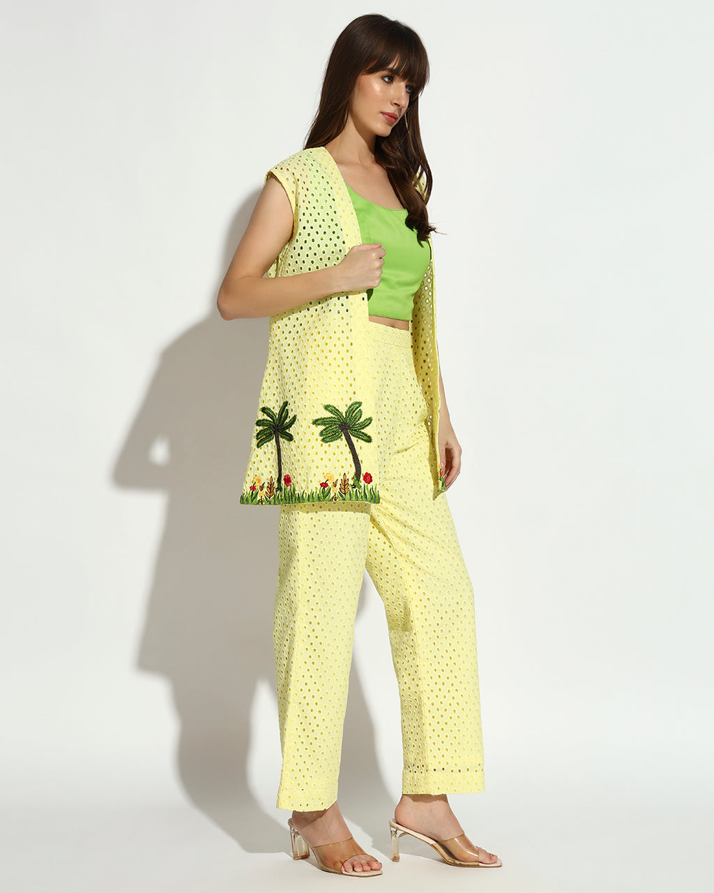 Yellow Embroidered Co-ord Set with Green Crop Top
