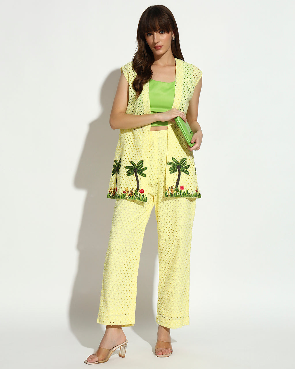 Yellow Embroidered Co-ord Set with Green Crop Top