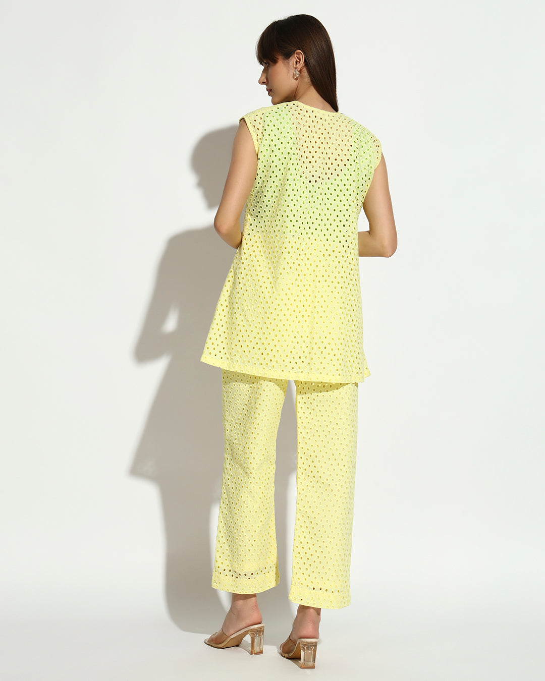 Yellow Embroidered Co-ord Set with Green Crop Top