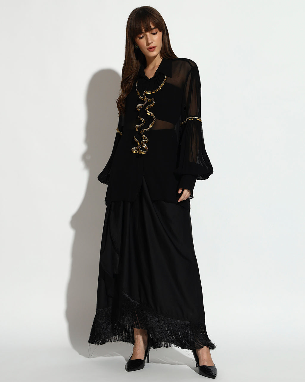 Black Sheer Shirt & Draped Skirt Co-ord Set