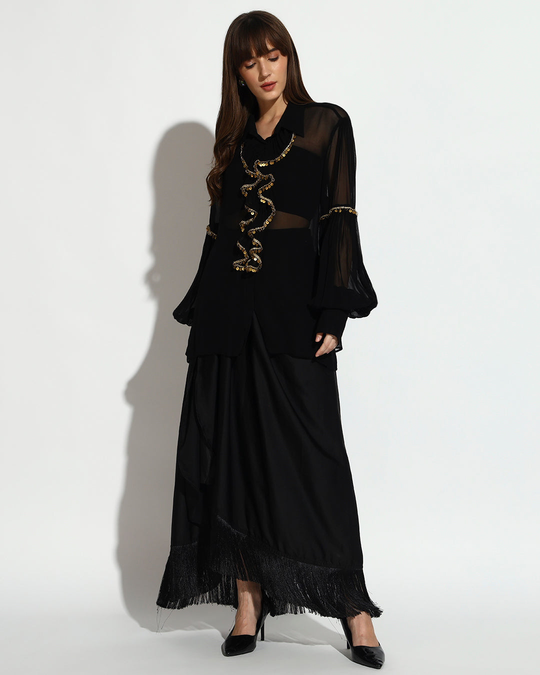 Black Sheer Shirt & Draped Skirt Co-ord Set