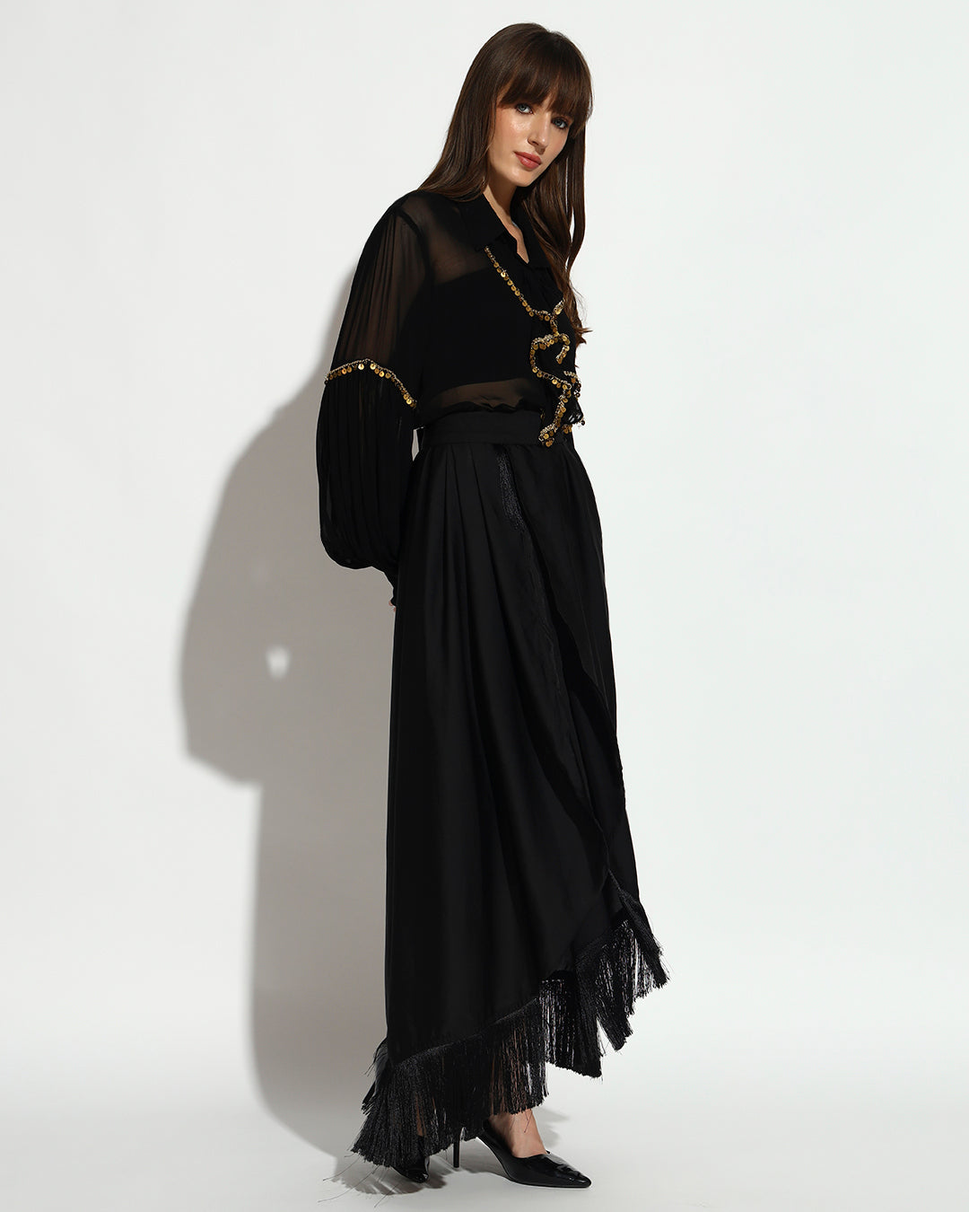 Black Sheer Shirt & Draped Skirt Co-ord Set