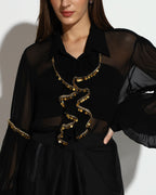 Black Sheer Shirt & Draped Skirt Co-ord Set