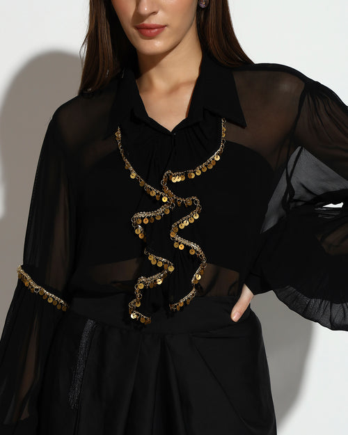 Black Sheer Shirt & Draped Skirt Co-ord Set