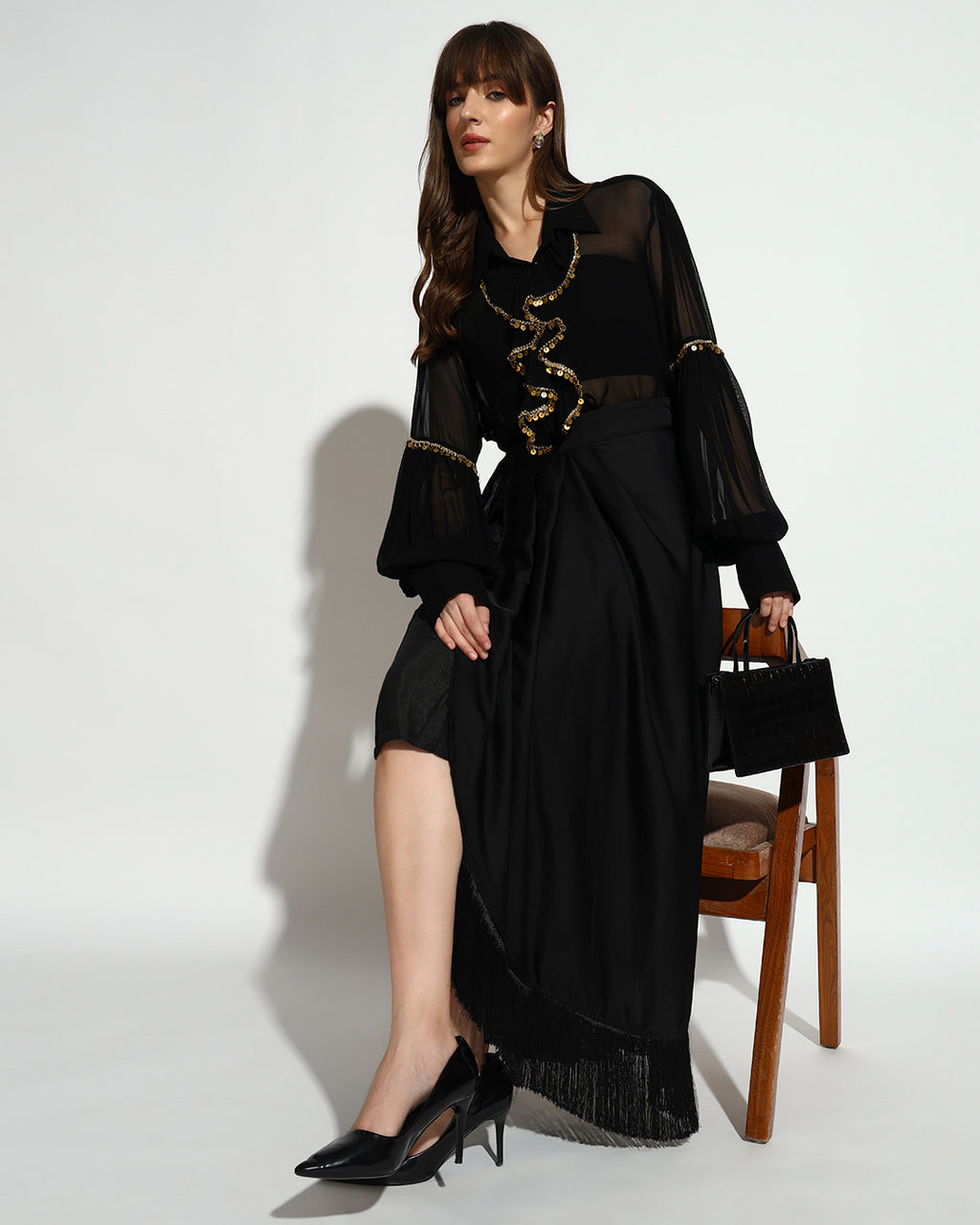 Black Sheer Shirt & Draped Skirt Co-ord Set