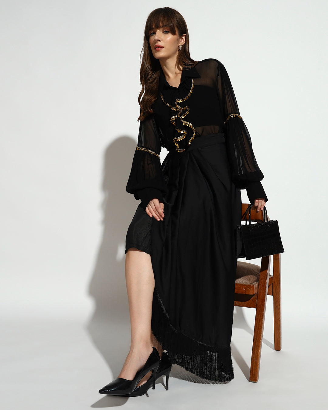Black Sheer Shirt & Draped Skirt Co-ord Set