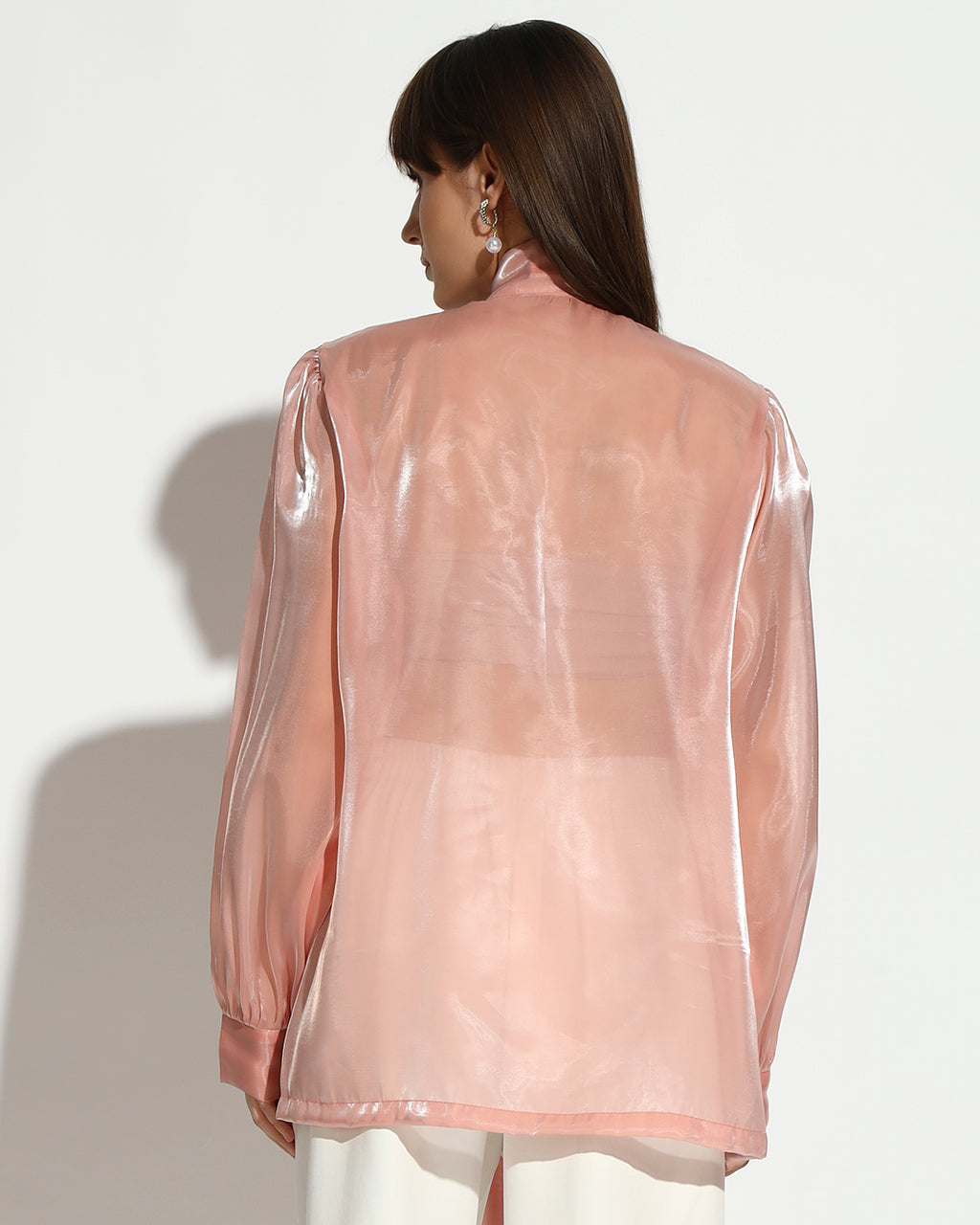 Blush Pearl-Embellished Organza Bow Blouse