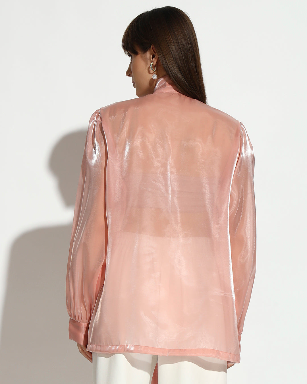 Blush Pearl-Embellished Organza Bow Blouse