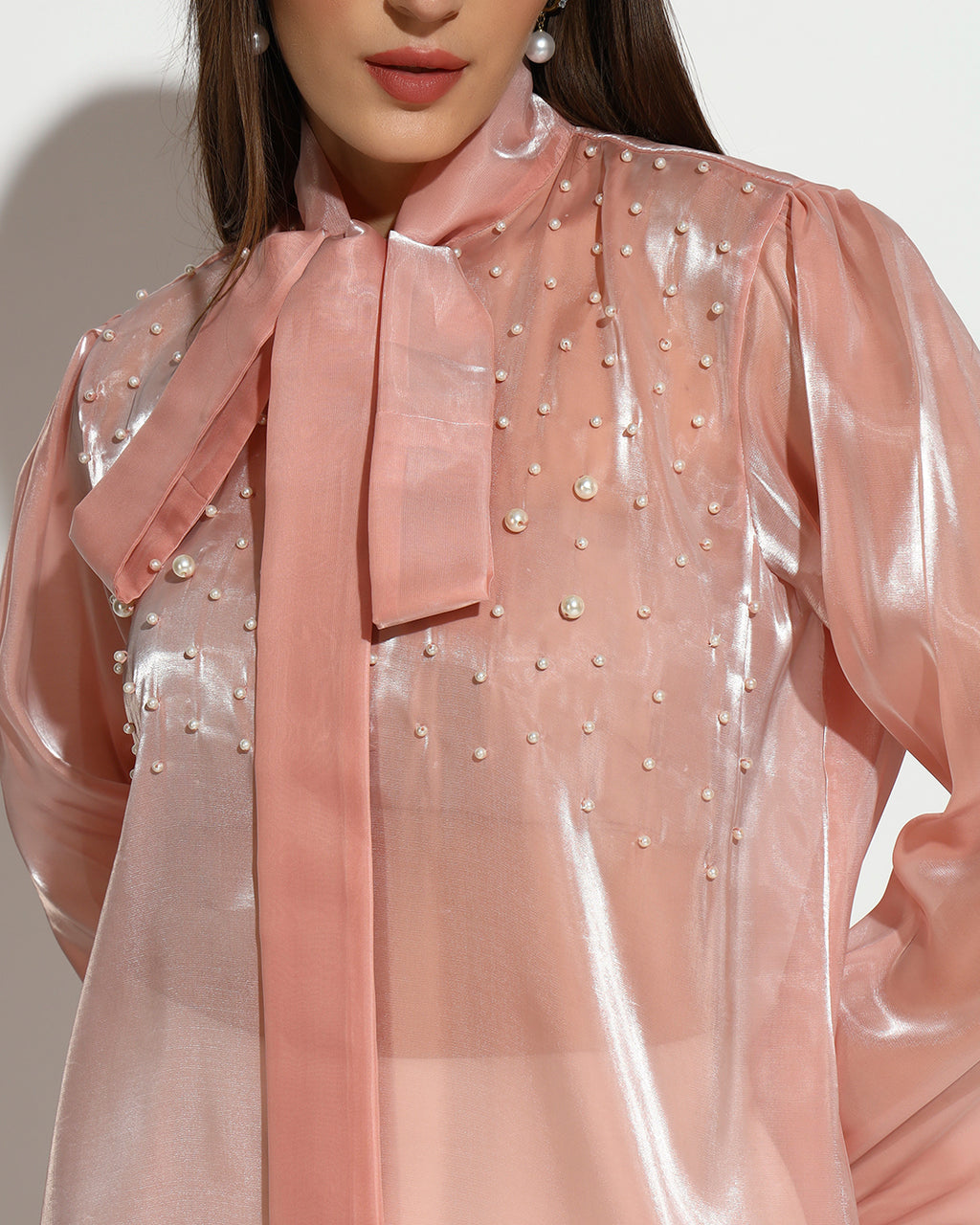 Blush Pearl-Embellished Organza Bow Blouse