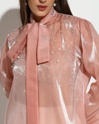 Blush Pearl-Embellished Organza Bow Blouse