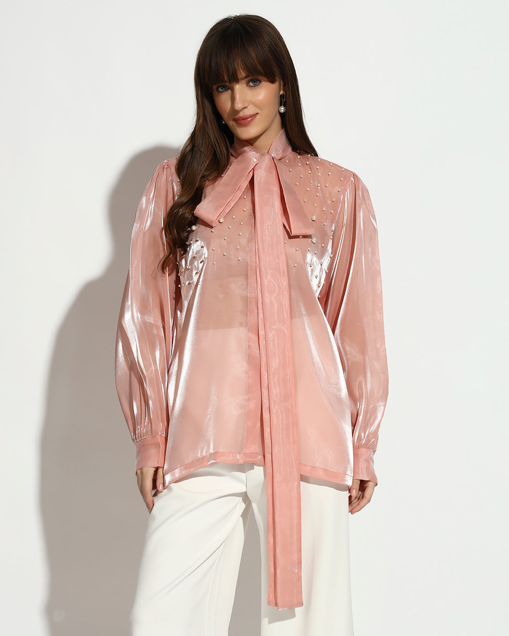 Blush Pearl-Embellished Organza Bow Blouse