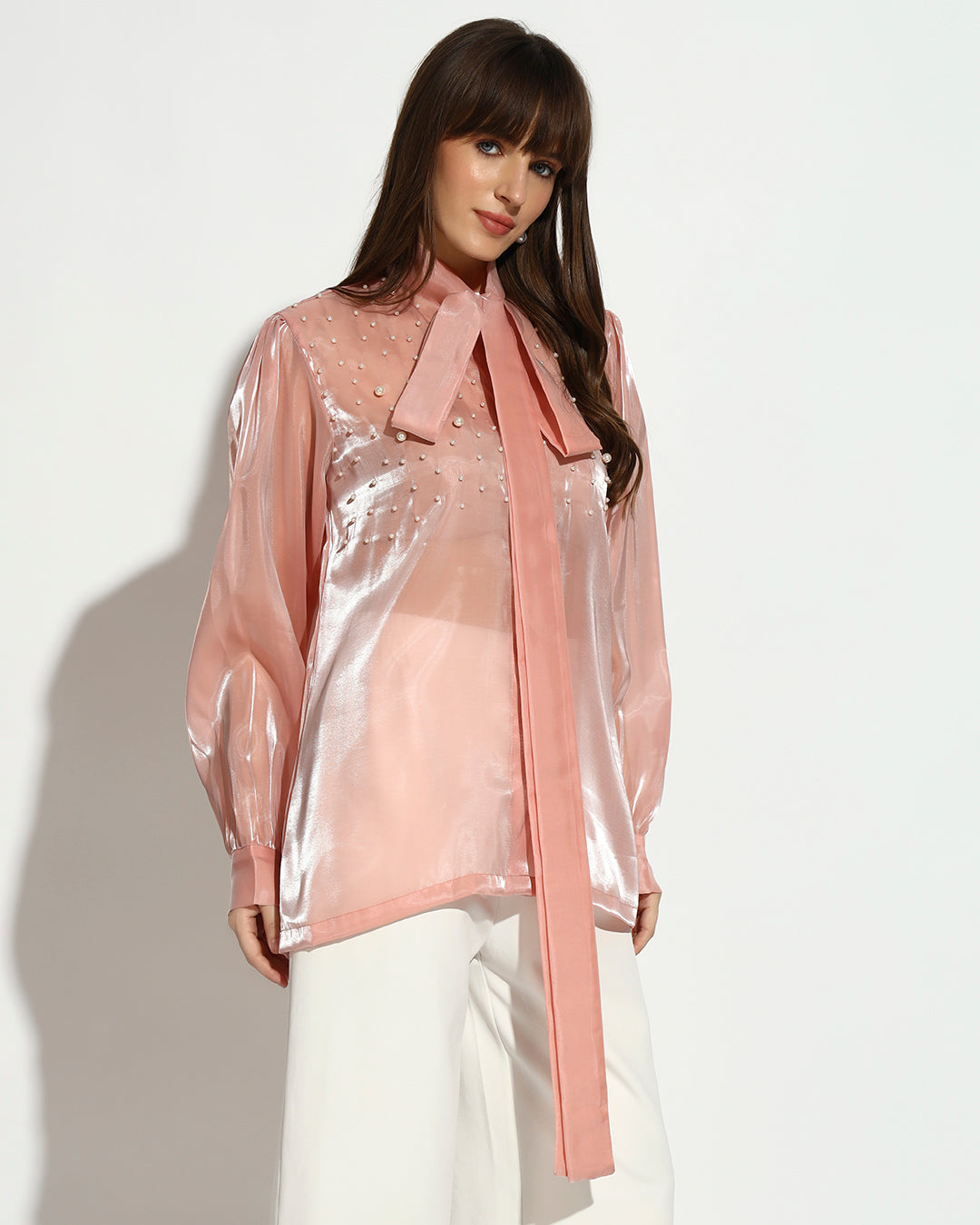 Blush Pearl-Embellished Organza Bow Blouse