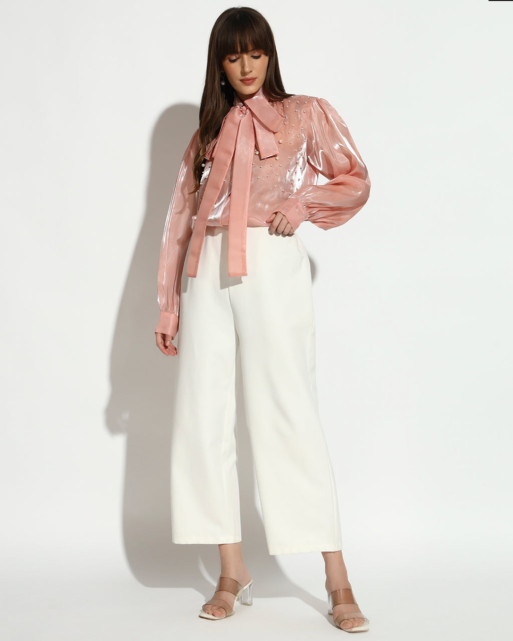 Blush Pearl-Embellished Organza Bow Blouse