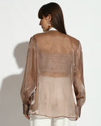 Sheer Brown Embroidered High-Neck Blouse
