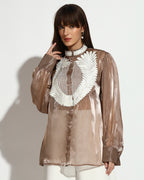 Sheer Brown Embroidered High-Neck Blouse