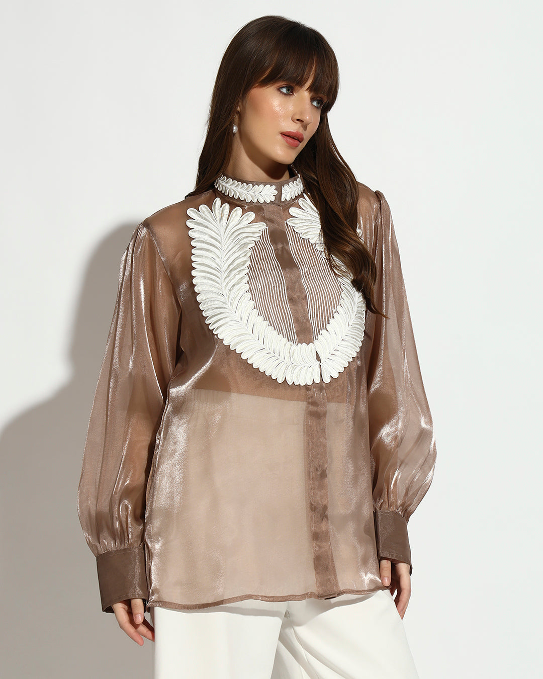 Sheer Brown Embroidered High-Neck Blouse