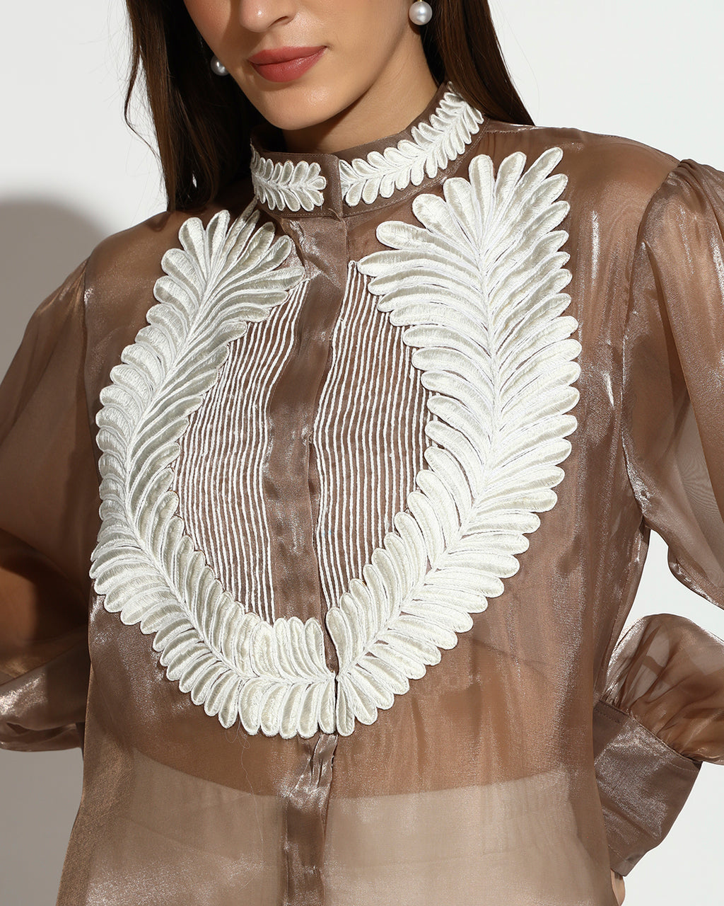 Sheer Brown Embroidered High-Neck Blouse