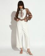 Sheer Brown Embroidered High-Neck Blouse