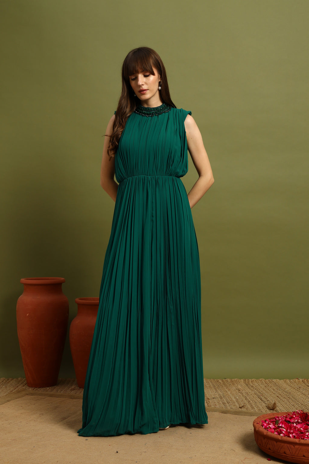 Emerald Green Pleated Maxi Gown
