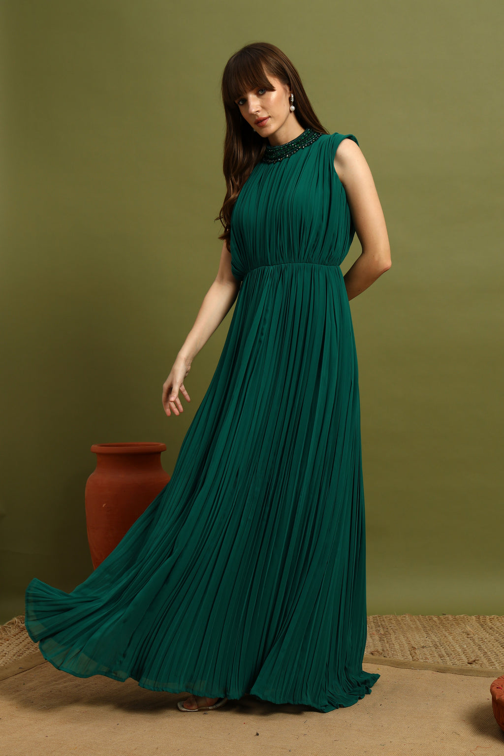 Emerald Green Pleated Maxi Gown