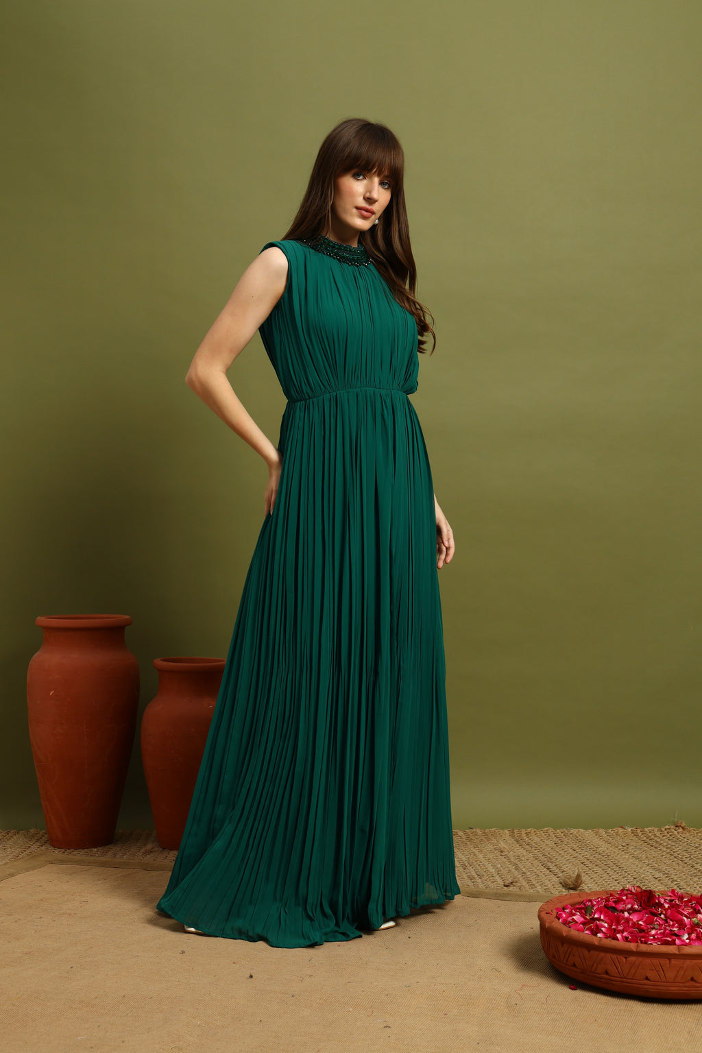 Emerald Green Pleated Maxi Gown