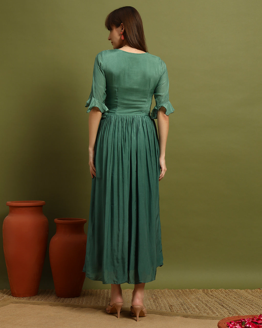 Sage Blossom Flared Maxi Dress