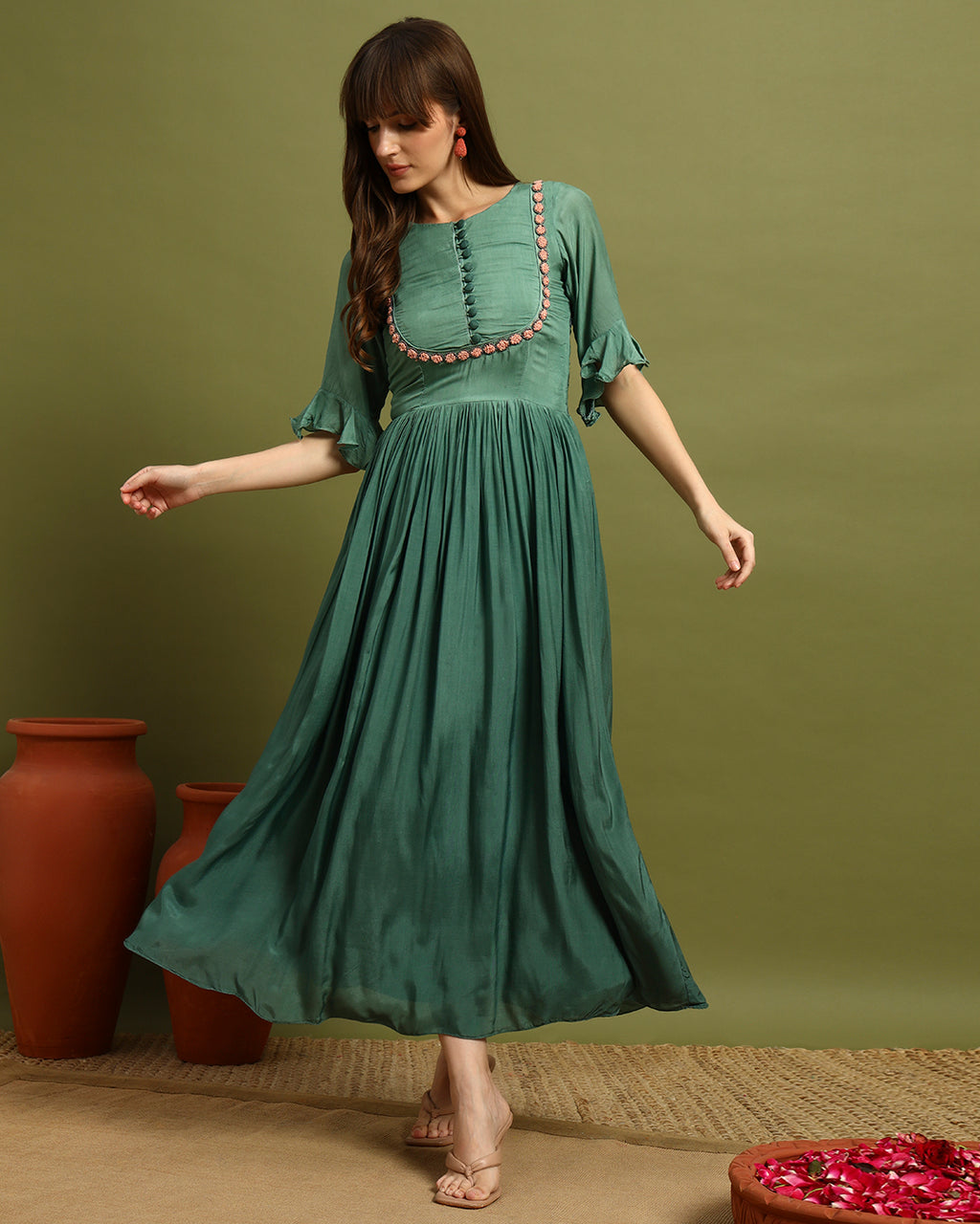 Sage Blossom Flared Maxi Dress