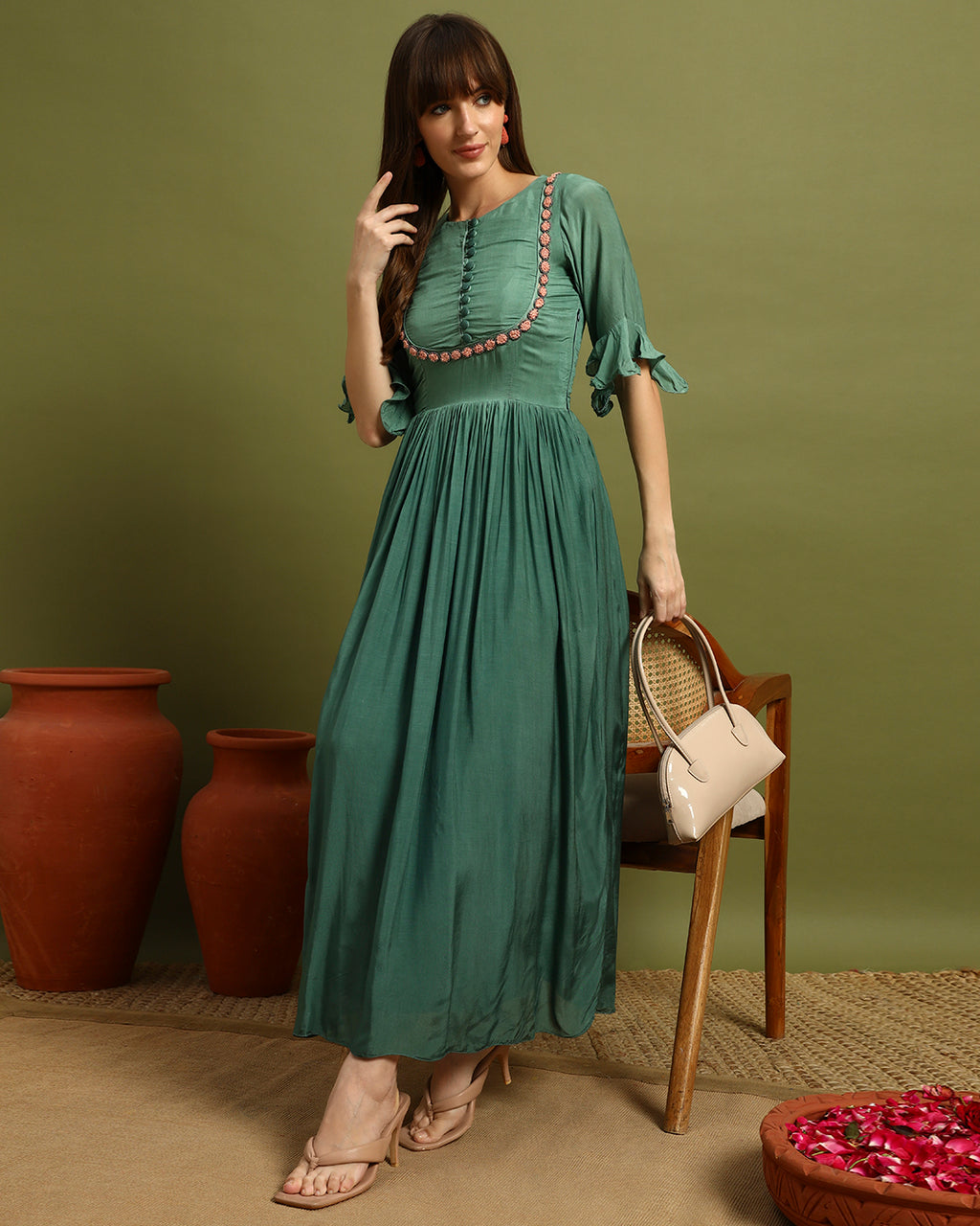 Sage Blossom Flared Maxi Dress