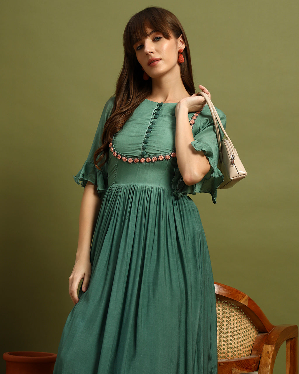 Sage Blossom Flared Maxi Dress
