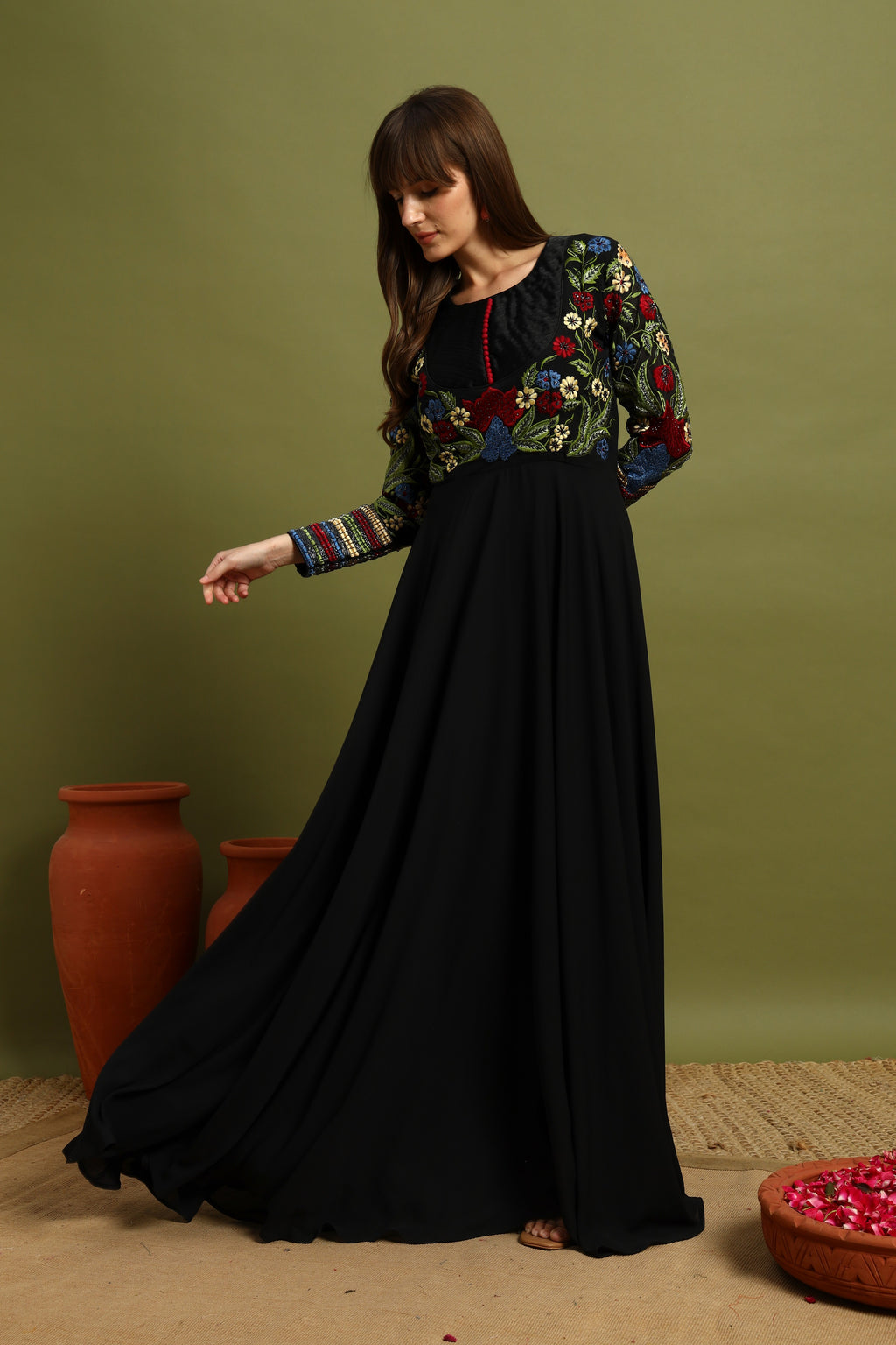 Black Anarkali Gown with Multicolor Embroidered Bodice