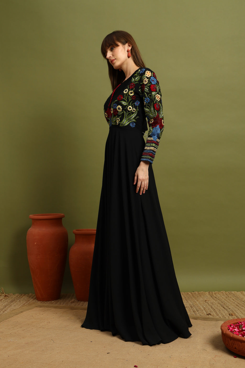 Black Anarkali Gown with Multicolor Embroidered Bodice