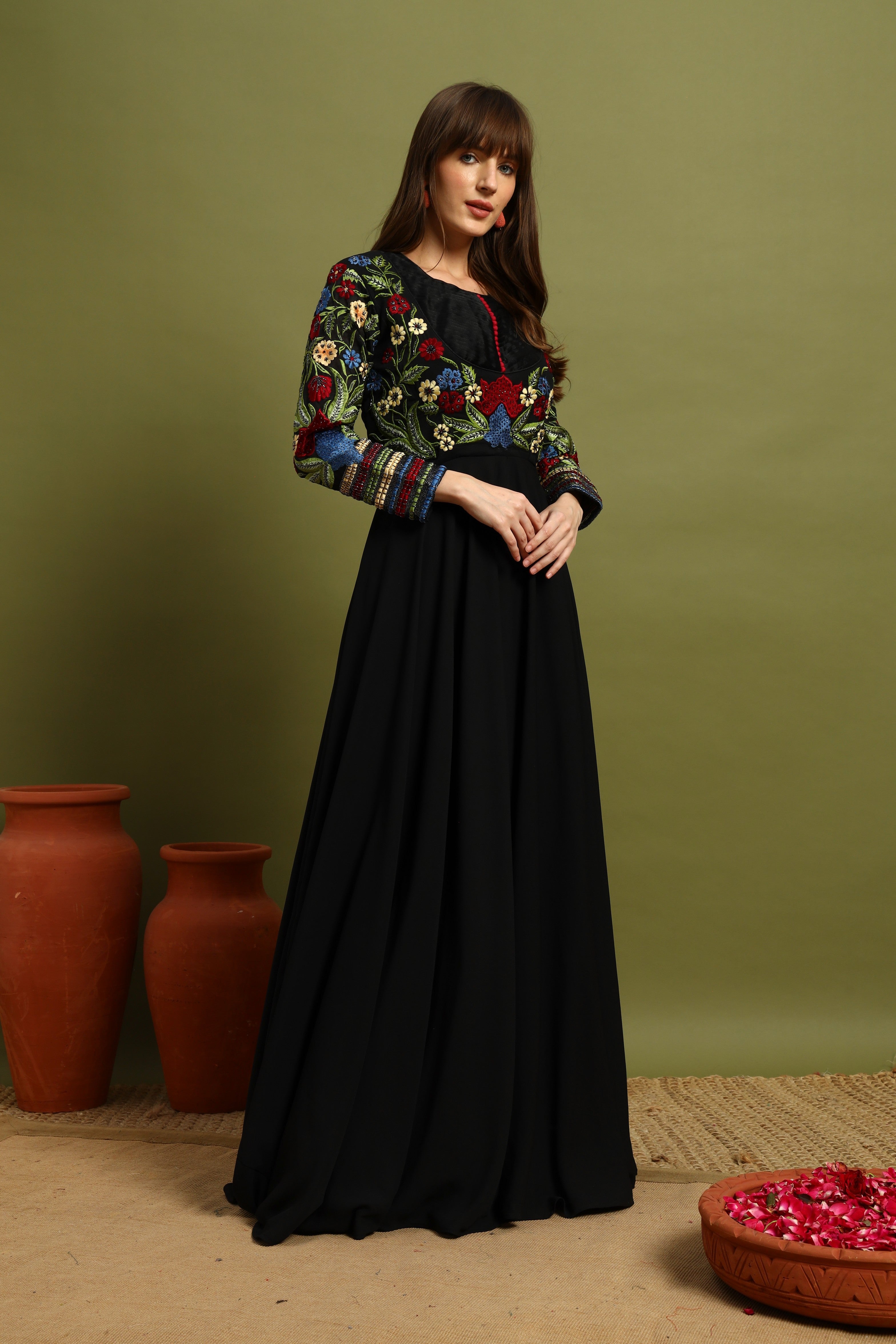 Black Anarkali Gown with Multicolor Embroidered Bodice